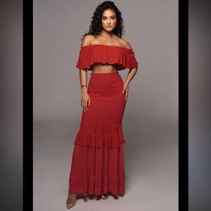 Elegant Red Off-Shoulder Skirt Set